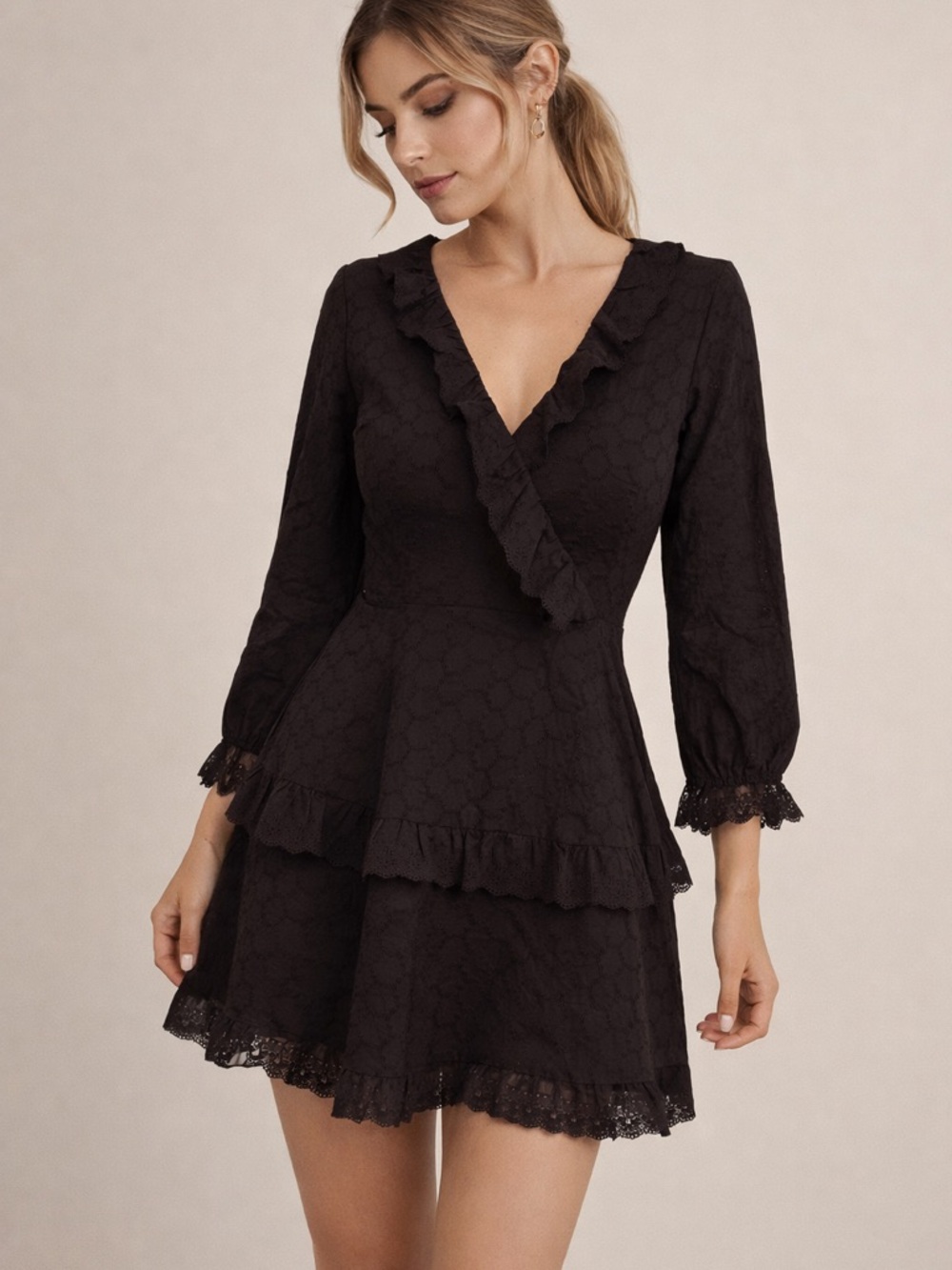 Shilla The Label Black Ruffle Mini Dress Lace Eyelet Tiered Romantic Sz Small 🆕
